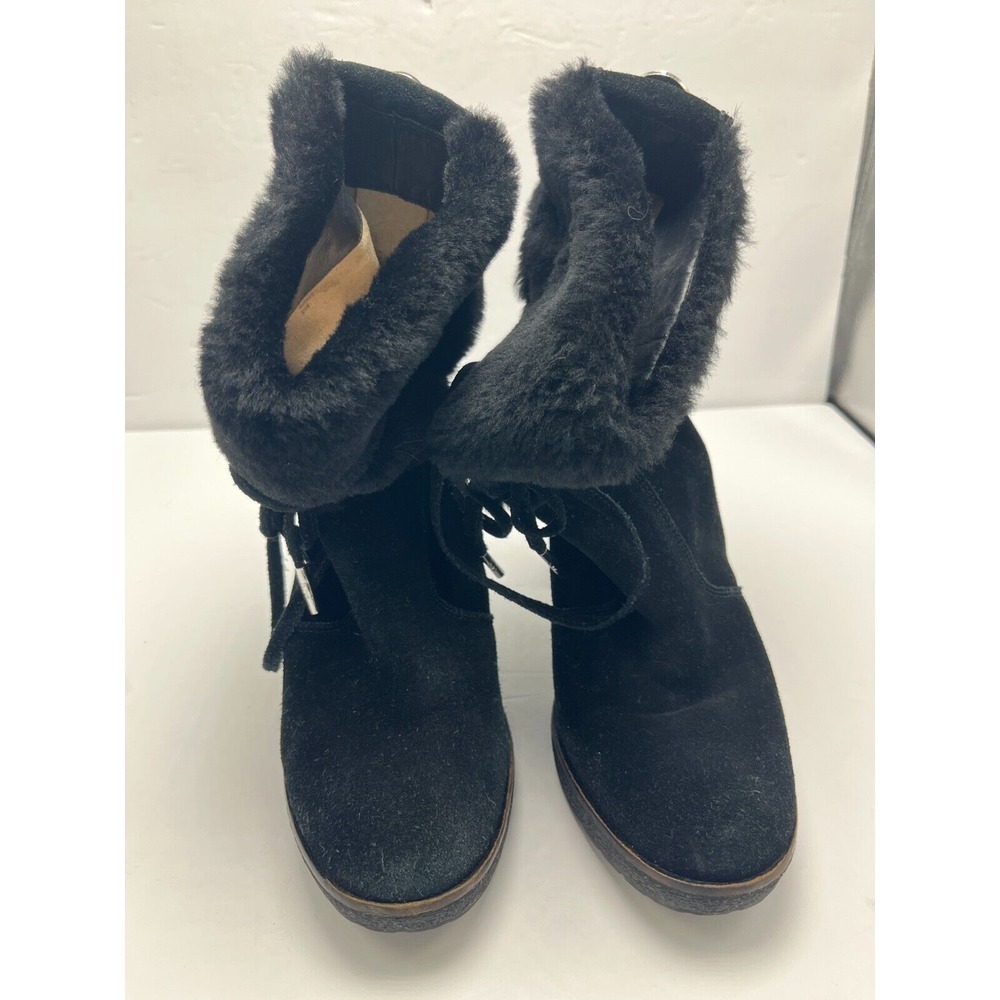 Michael Kors Black High Heel Suede Boot With Fur Cuff & Tie Lined Women's 8.5M